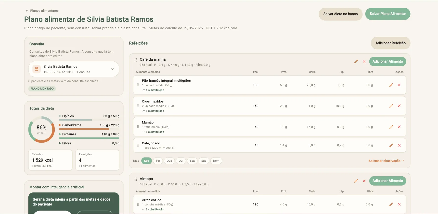Painel do nutricionista no Nutrik+: agenda, lembretes, pacientes e estatísticas