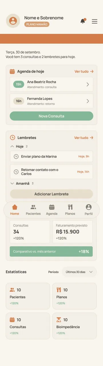 Tela inicial do app Nutrik+ no celular